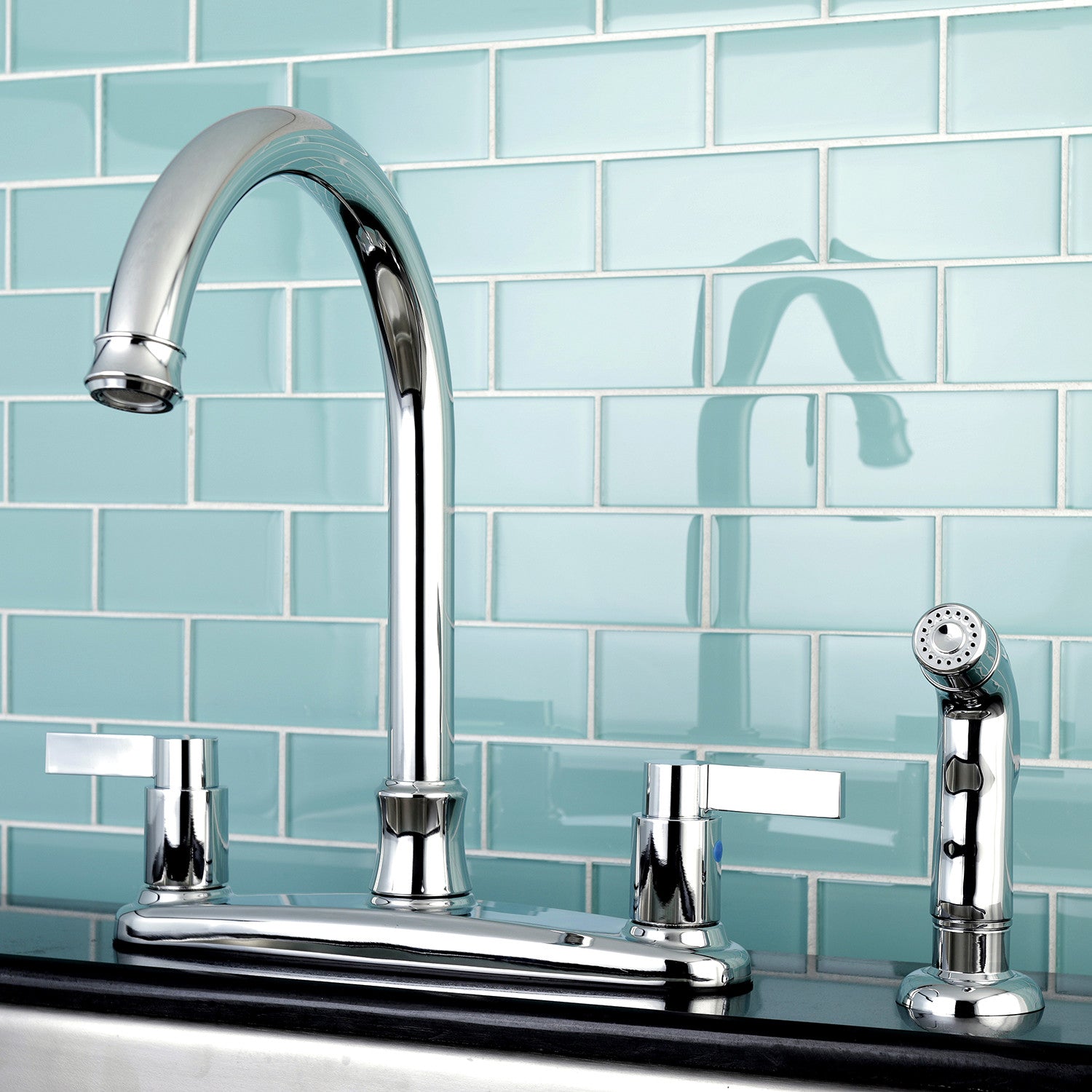 Kingston Tulare FB7791NDLSP - NuvoFusion Two-Handle 4-Hole 8" Centerset Kitchen Faucet with Side Sprayer, Polished Chrome — thumbnail 2